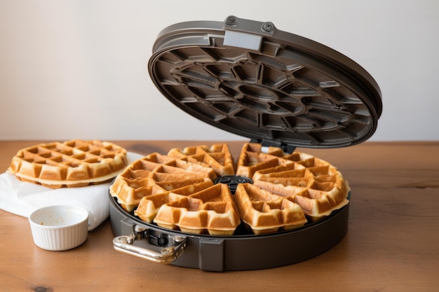 Il waffle iron aperto rivela waffle perfettamente cotte
