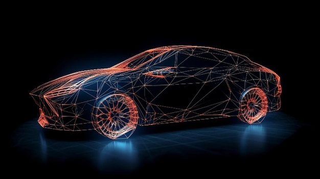 Il wireframe astratto dell'automobile rende su fondo nero ai generativo