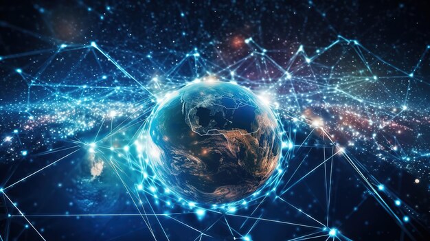 Il World Wide Web globale e le telecomunicazioni sulla terra Blockchain di criptovaluta e l'Internet of ThingsTecnologie innovative futuristiche AI generativa