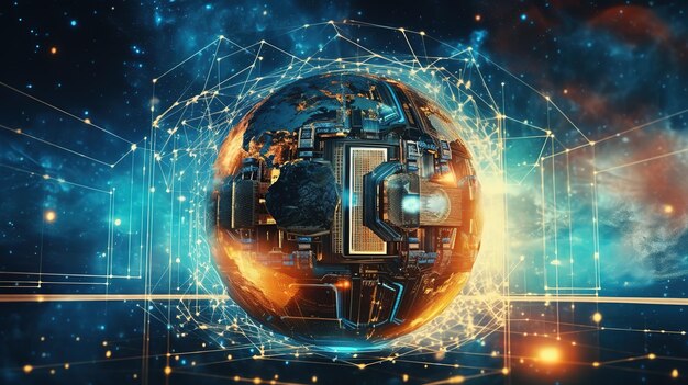 Il World Wide Web globale e le telecomunicazioni sulla terra Blockchain di criptovaluta e l'Internet of ThingsTecnologie innovative futuristiche AI generativa