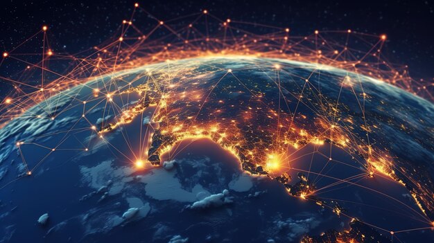 Il World Wide Web globale e le telecomunicazioni sulla terra Blockchain di criptovalute e l'Internet of ThingsTecnologie innovative futuristiche AI generativa