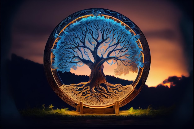 Illisration di Yggdrasil in cerchio con futhark neon ai