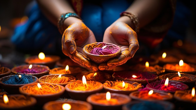 Illuminanti modelli Rangoli intricati di Diwali realizzati da mani colorate