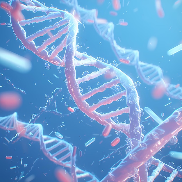 Illuminata doppia elica del DNA in un vuoto blu Illustrazione scientifica