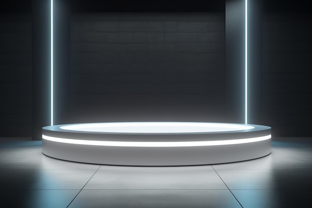 Illuminata eleganza Spotlight su un podio rotondo bianco in una sala drammatica vuota