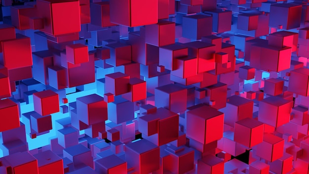 Illuminated cubes with blue red light on a platform on a black background A lot of cubes with reflective walls 3d render