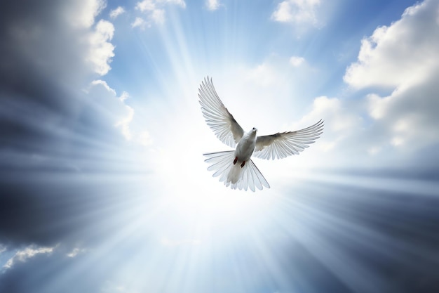 Illuminato dalla luce solare Concezione della fede Il piccione vola in alto nel cielo Bella illustrazione