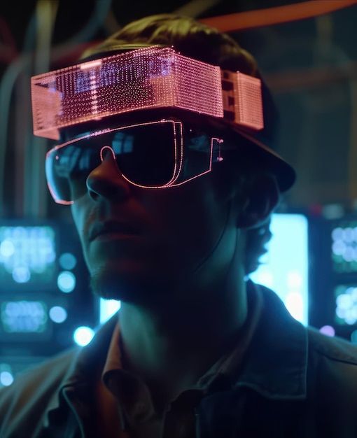 Illuminazione al neon L'uomo con gli occhiali a matrice di led luminosi Bella immagine illustrativa IA generativa