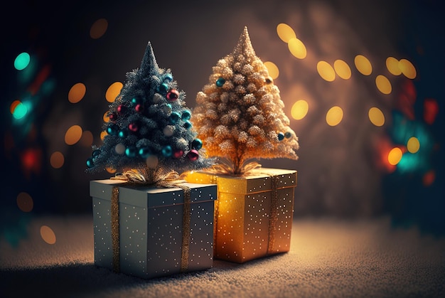 Illuminazione bokeh festiva con un piccolo albero di Natale e due scatole regalo di colori contrastanti