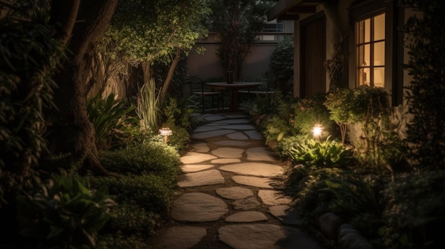 Illuminazione da incasso da giardino con un piccolo sentiero lastricato e una piccola fontana generata dall'IA