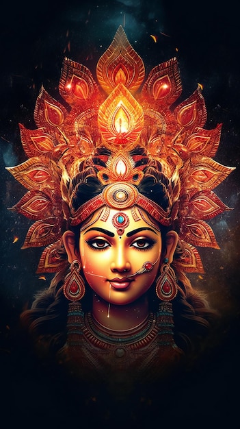 Illuminazione divina close-up ad alta risoluzione della dea Durga