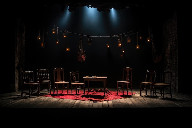 Illuminazione drammatica su un palco di flamenco con sedie vuote