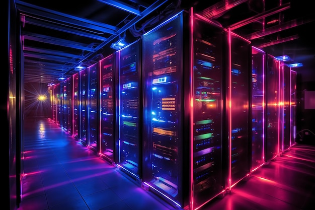 Illuminazione drammatica sui rack dei server che evidenzia il potere della tecnologia