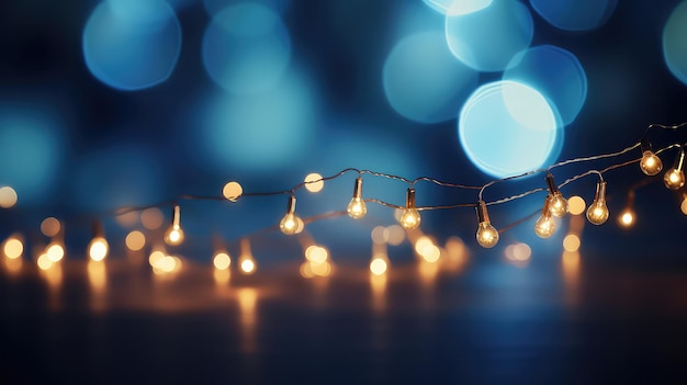 Illuminazione e decorazione concetto di vacanza ghirlanda di Natale luci bokeh su sfondo blu