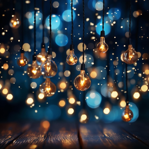 illuminazione festiva e concetto di decorazione ghirlanda di Natale luci bokeh su sfondo blu scuro