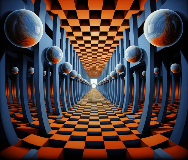 illusione ottica su sfondo blu e arancione stanza piena di molte palle sul pavimento a scacchi