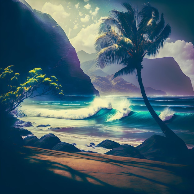 Illustartion delle onde dell'oceano e della palma delle Hawaii