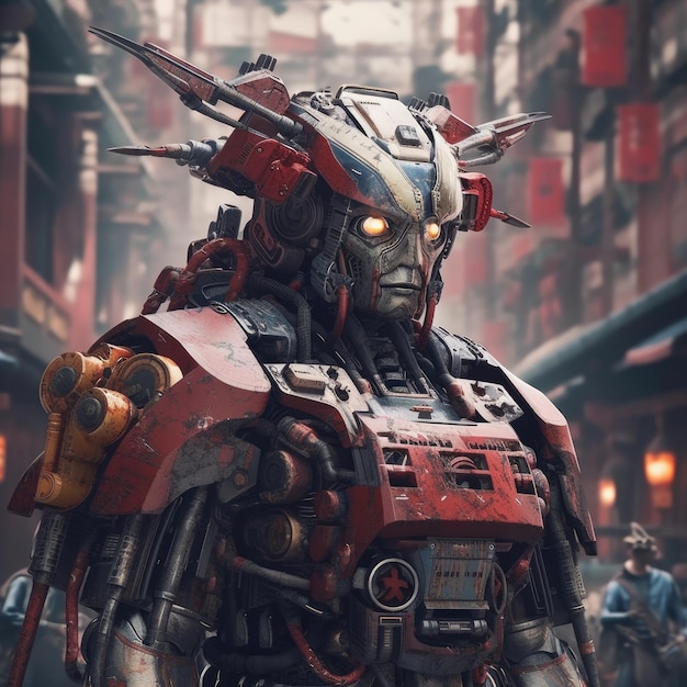 Illustra il concetto di intelligenza artificiale con un futuristico samurai umanoide e futuristico