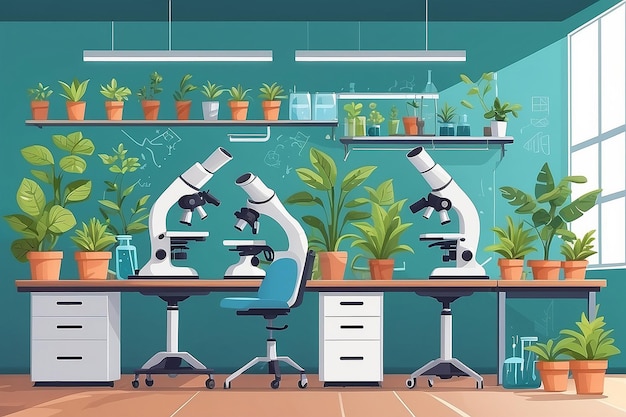 Illustrare un laboratorio di biologia con piante in vaso e microscopi disposti su banchi di laboratorio illustrazione vettoriale in esperimenti in stile piatto