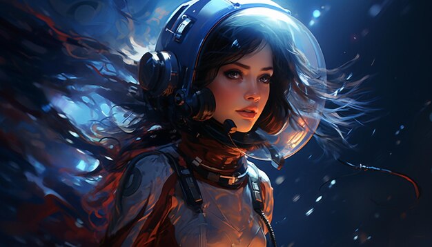 Illustrare una ragazza in abiti spaziali futuristici forse con un casco e un jetpack che esplora il cosmo Questo disegno può combinare elementi di fantascienza e adve 21