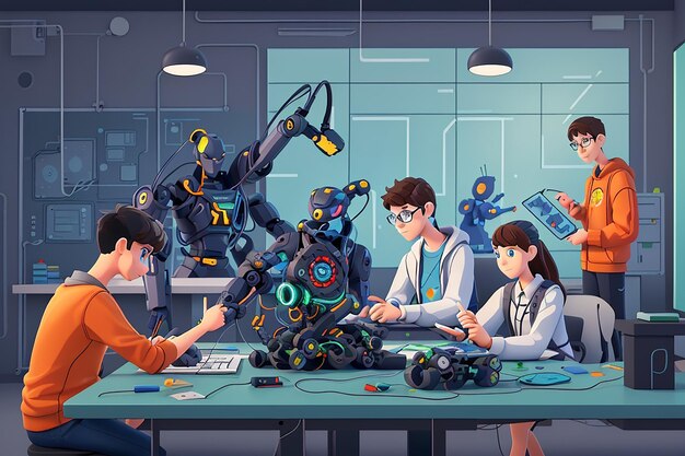 Illustrare una scena con gli studenti che lavorano su un progetto di robotica collaborativa con un'illustrazione vettoriale di circuiti intricati in stile piatto