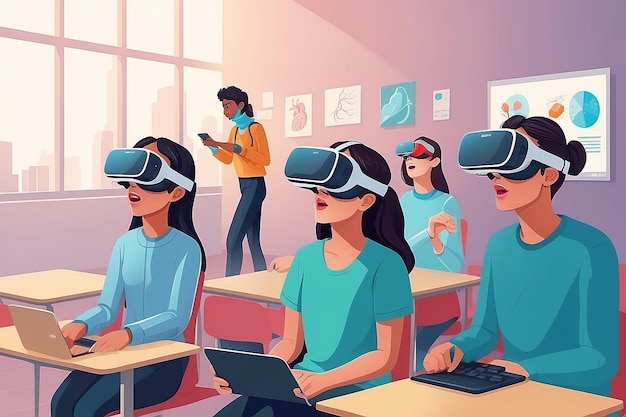 Illustrare una scena con gli studenti utilizzando simulazioni VR per esplorare l'illustrazione vettoriale del sistema respiratorio umano in stile piatto