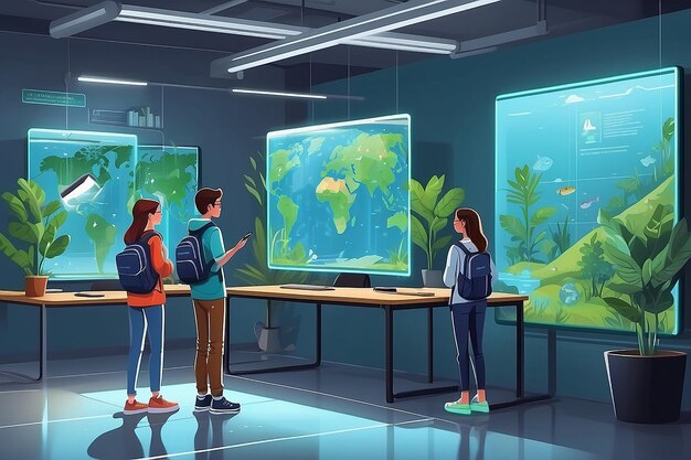 Illustrare una scena di studenti che utilizzano display olografici per simulare gli sforzi di conservazione ambientale illustrazione vettoriale in stile piatto