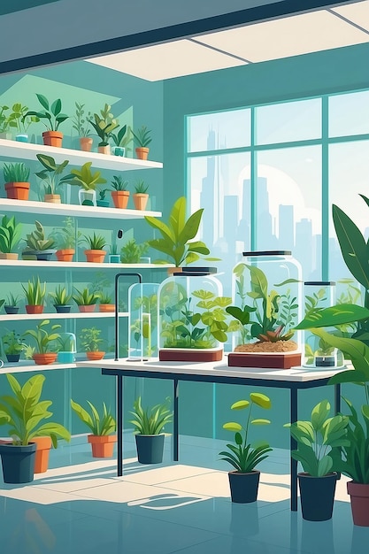 Illustrare una sezione del laboratorio dedicata agli studi ambientali con piante e modelli ecologici illustrazione vettoriale in esperimenti in stile piatto