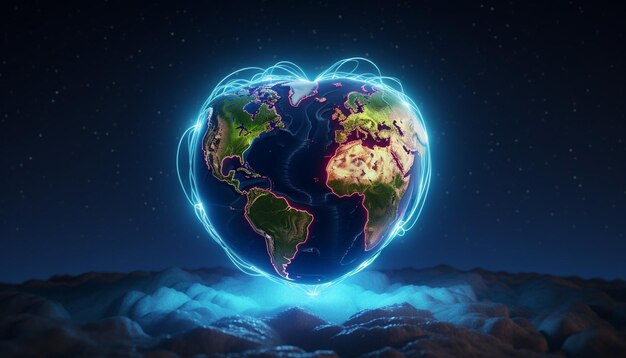 Illustrare una Terra 3D con un battito cardiaco luminoso avvolto intorno ad essa Orario della Terra
