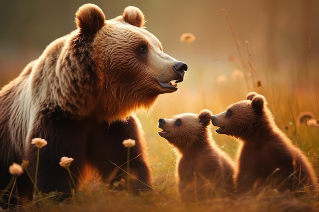 Illustrate la tenerezza che c'è tra un'orso madre e i suoi cuccioli giocosi