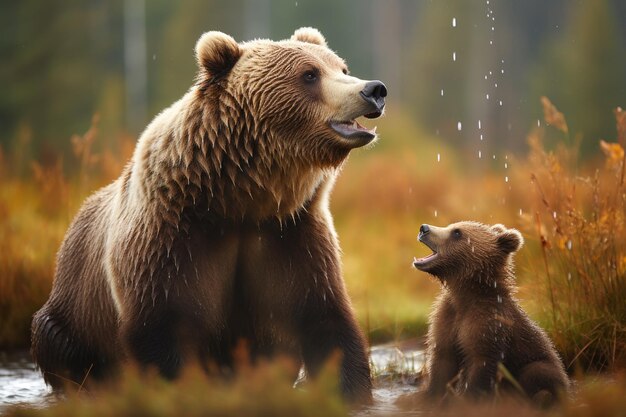 Illustrate la tenerezza tra una madre orsa e i suoi cuccioli giocosi
