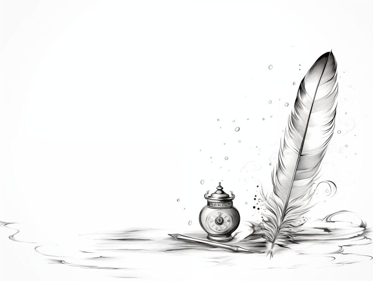 Illustration composition of pen and inkwell Place for text Copy space On a white background