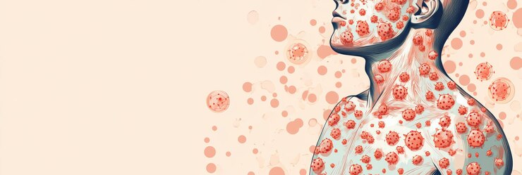 Illustration of a man39s body with red virus sores covering the skin depicting monkeypox symptoms and the spread of viral infection Focus on viral mutation and skin rash as a symptom