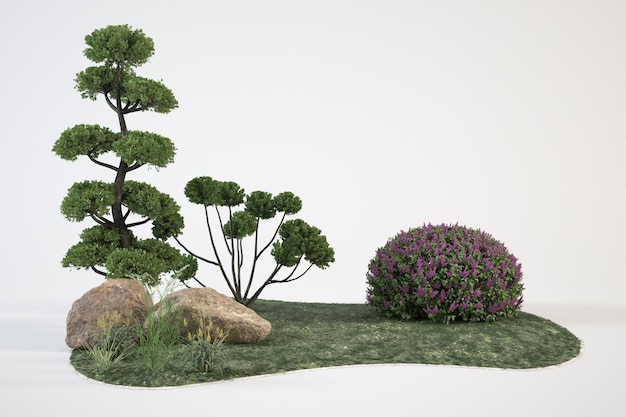 Illustration of a small island with rocks with trees and flowers