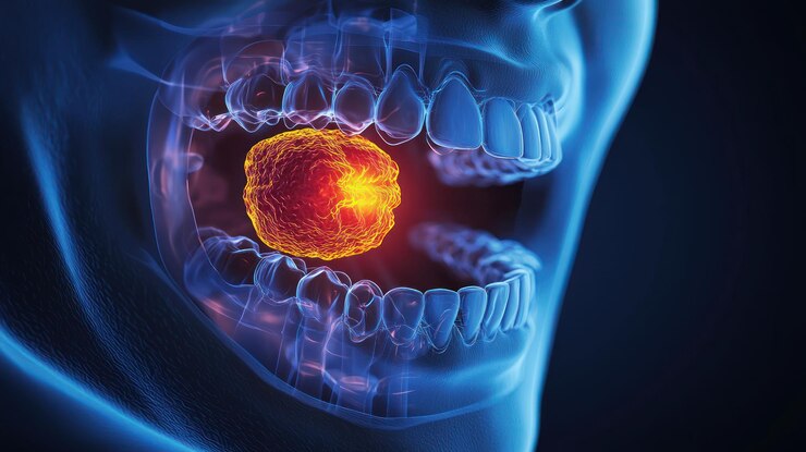Illustration of the oral cavity with highlighted areas showing potential cancerous growths