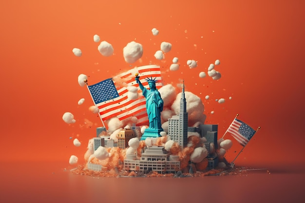 Illustrativo della bandiera americana con la Statua della Libertà e la città su sfondo rosso IA generativa