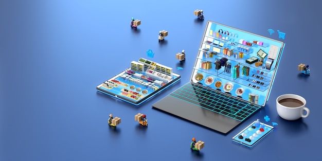 Illustratore 3D il centro commerciale in laptop