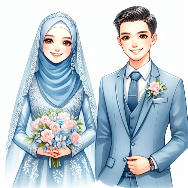 Illustrazione 2D con stile di progettazione ad acquerello di una carina coppia di sposi musulmani