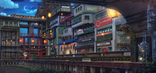 Illustrazione 2D di Fantasy Old Town a mezzanotte.