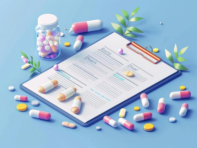 Illustrazione 2d di pillole medicinali e prescrizione