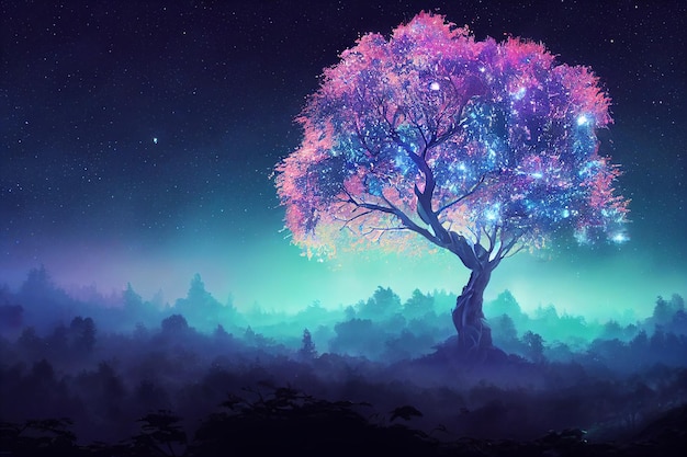 Illustrazione 2D fantasia della foresta al neon sul bel cielo Aspetto colorato e luminoso come una fiaba