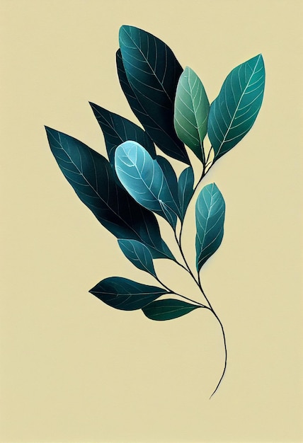 Illustrazione 2d minimalista scandinava floreale di un ramo con foglie verdi copia spazio botanico