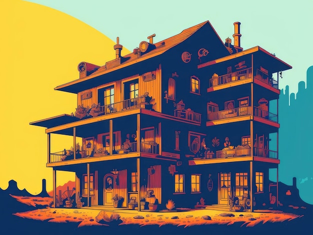 Illustrazione 2D Una vecchia casa nel deserto
