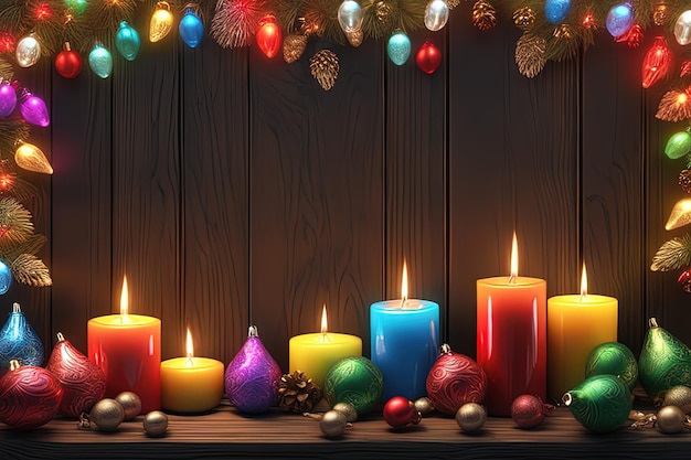 Illustrazione 3 d di decorazioni natalizie colorate su sfondo in legno con candela accesa 3 d ill