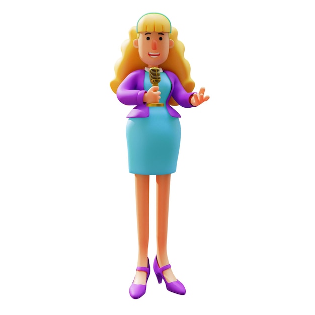 Illustrazione 3D 3D Business Woman Cartoon Design Parlare al microfono come dire qualcosa