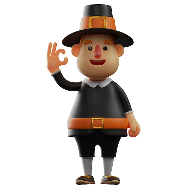 Illustrazione 3D 3D Cartoon Thanksgiving Pilgrim con Ok Finger in postura in piedi che mostra un chee