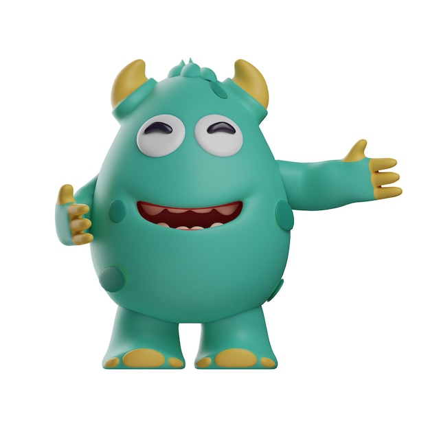 Illustrazione 3D 3D Cute Monster Cartoon Design ha due corna in una strana postura che mostra un dente