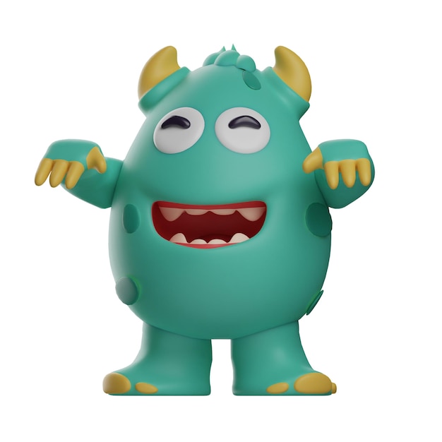 Illustrazione 3D 3D Cute Monster personaggio cartone animato come uno zombie felice che mostra un sorriso che mostra