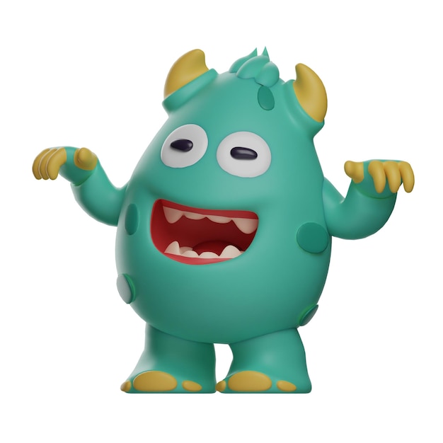 Illustrazione 3D 3D Cute Monster Personaggio dei cartoni animati ha un sorriso felice con una postura carina ha i capelli