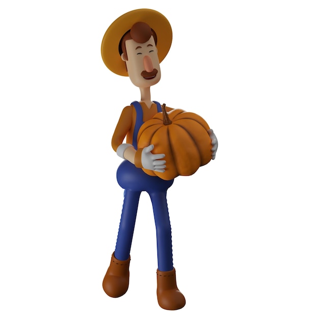 Illustrazione 3D 3D Farmer Cartoon Character ha una zucca che indossa costumi cool che mostrano un carino